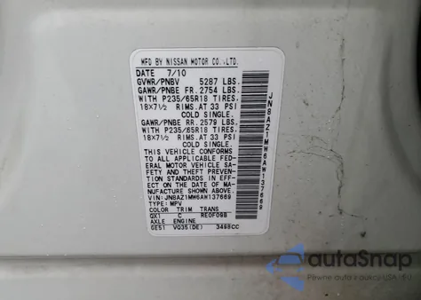 2010 Nissan Murano S z USA, uszkodzony, nr VIN JN8AZ1MW6AW137669